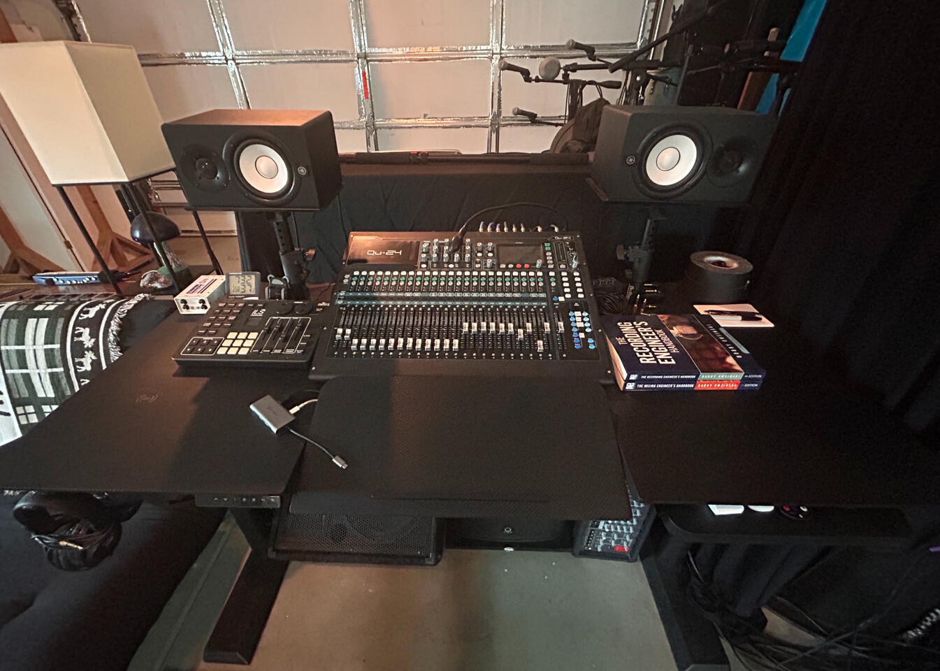 Full soundboard, mixer, monitors, and PA system